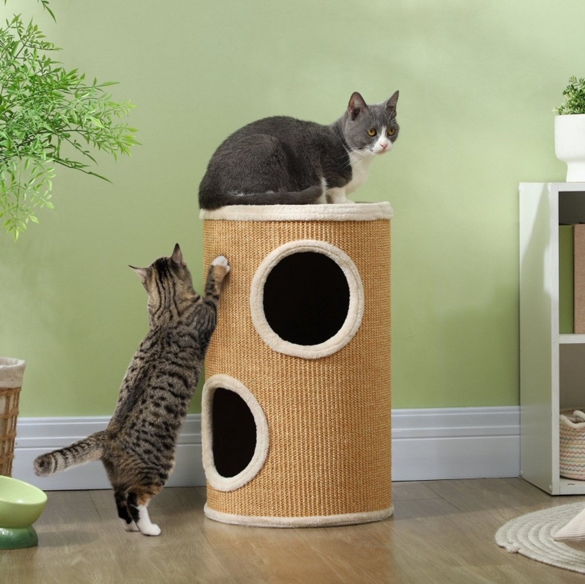 Krabton Kattenbaum - Dubbellaags Speel en Rust - Ø35 x 60 cm - Pluche en Sisal - Bruin Beige - Voor Katten