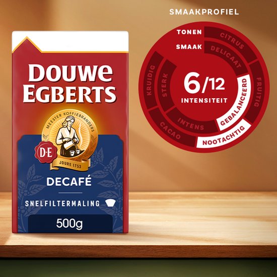 Rode verpakking van Douwe Egberts Decafé filterkoffie, 500g, met een cirkelvormig smaakprofiel 'intensiteit 6/12'.