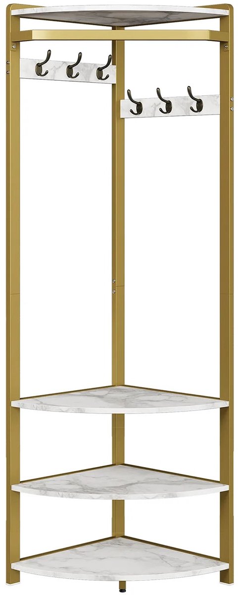 RosaBloom Kapstok - Hoekgarderobe - Entree organizer - 6 Dubbele Haken - Ingebouwde Schoenenbank - 50x50x180 cm - Hout en Metaal - Goud