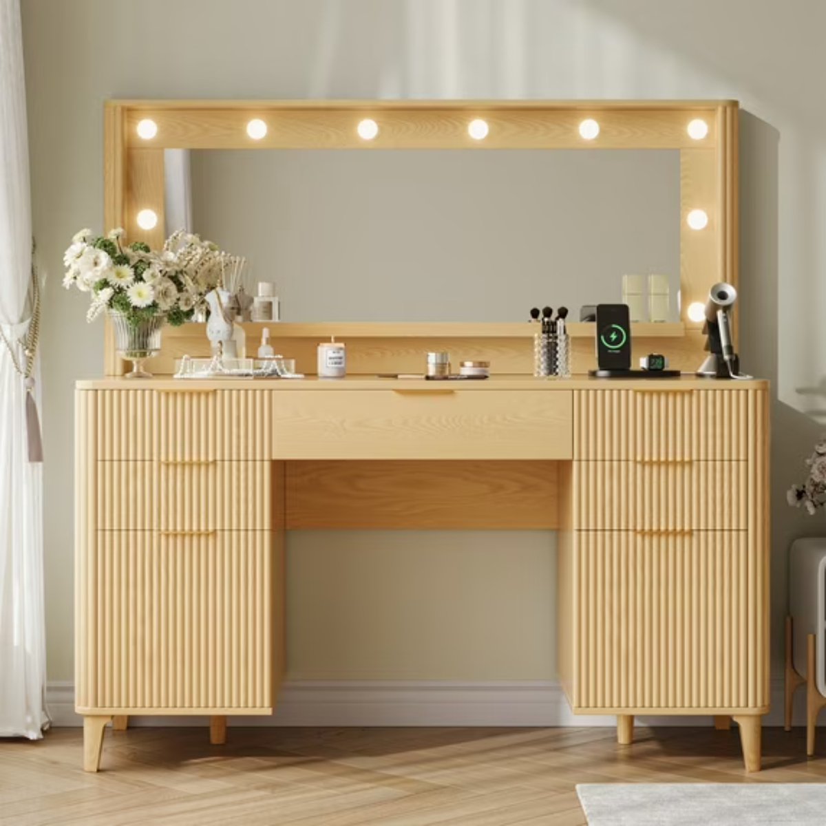 Kaptafel met LED Spiegel - Laden - Bruin - Novihome
