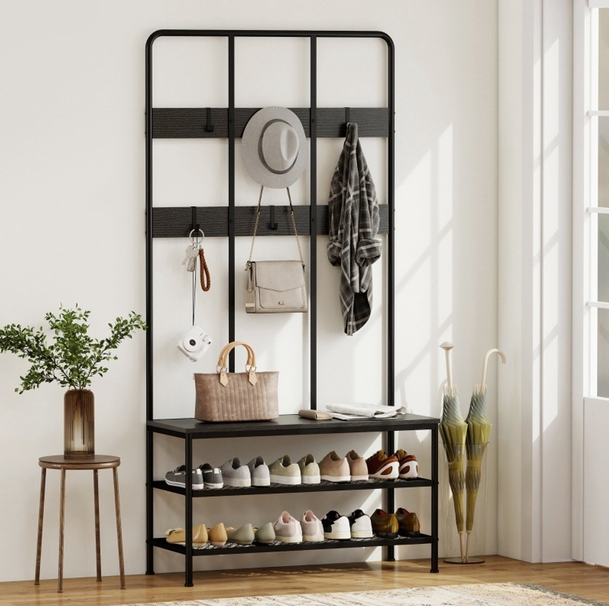 MIVRAY Kledingrek Met Bank En Schoenenrek – 91 X 36 X 180 Cm – Metaal En Spaanplaat – Zwart – 6 Haken En 2 Lagen Voor Hal En Gang