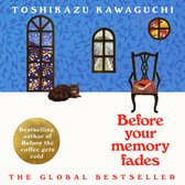Couverture du livre : "Before Your Memory Fades" de Toshikazu Kawaguchi, avec un chat brun, une chaise avec un livre et des rideaux étoilés.