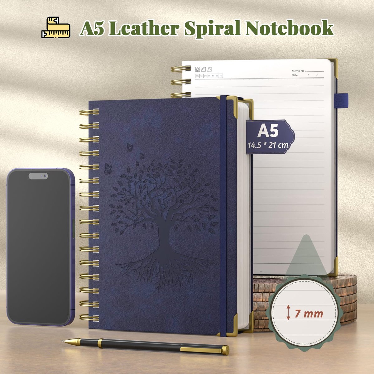 SnelShoppen - A5 Notitieboek met Pen, Hardcover Spiraal, 240 Gelinieerde Pagina's, 100 g/m² Papier, Perfect voor School, Werk, Reizen, 14,5 x 21 cm