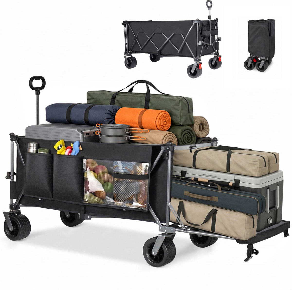 MIVRAY Tuinkar – 180 cm Met Uitschuifbare Achterklep – 420 L – Staal En Oxford-Textiel – Zwart En Grijs – Opvouwbaar Voor Strand En Tuin