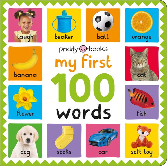 Lachend meisje, blauwe beker, voetbal, sinaasappel, banaan, kat, narcis, vis, puppy, gele sokken, blauwe auto, rode vos knuffel. 'my first 100 words'