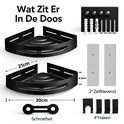 Inhoud van de doos: twee zwarte hoekplanken, schroeven, haken en zelfklevende strips.