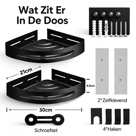 Inhoud van de doos: twee zwarte hoekplanken, schroeven, haken en zelfklevende strips.