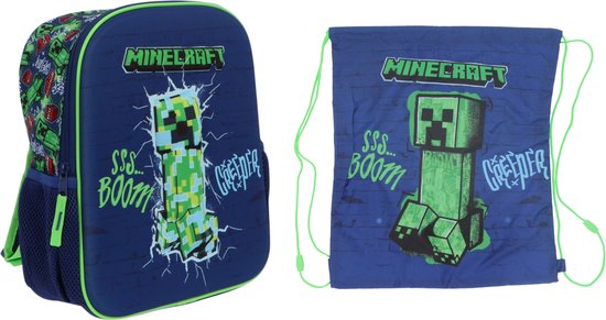 Minecraft set: blauwe rugzak en gymtas met Creeper print, groene details.