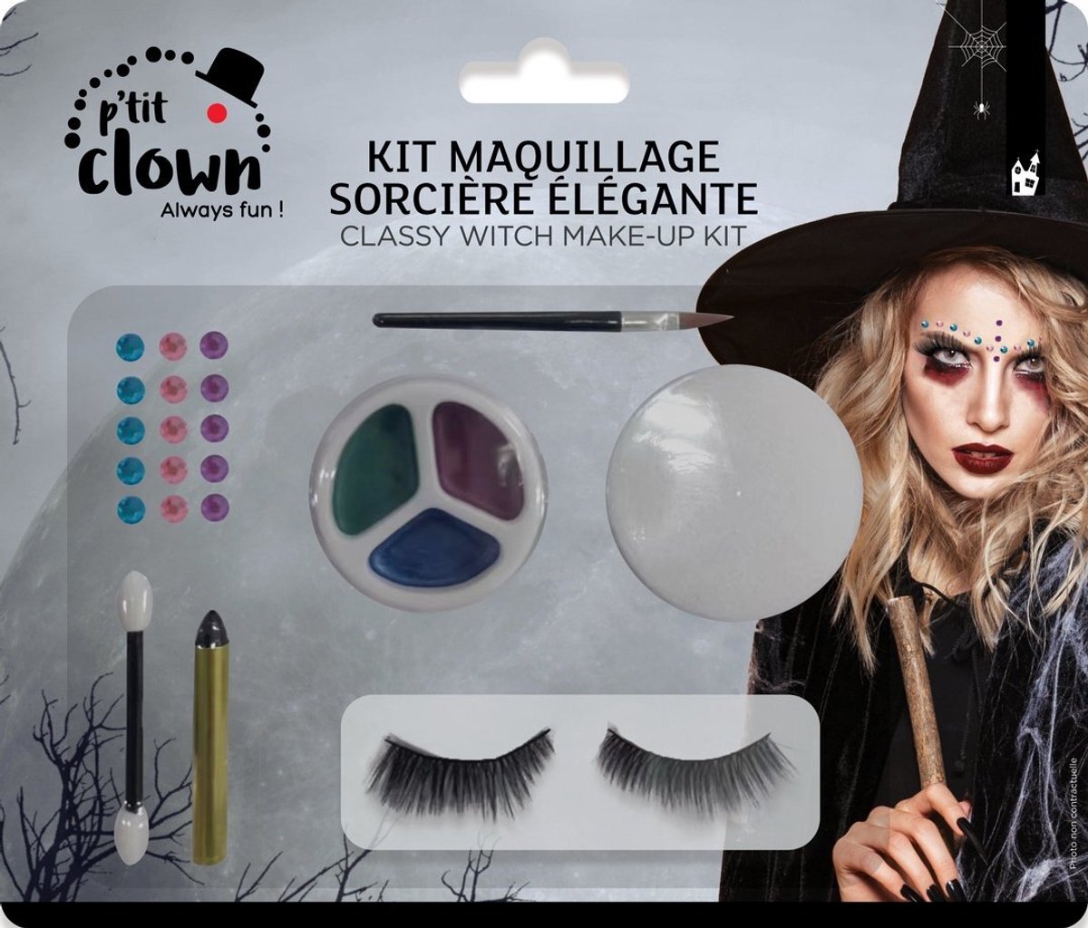 Make‑Up Kit Pretty Witch, Halloween Heks Make up - Oogschaduws ,strass‑steentjes, Oogpotlood ,Valse Wimpers, Make‑upkwast