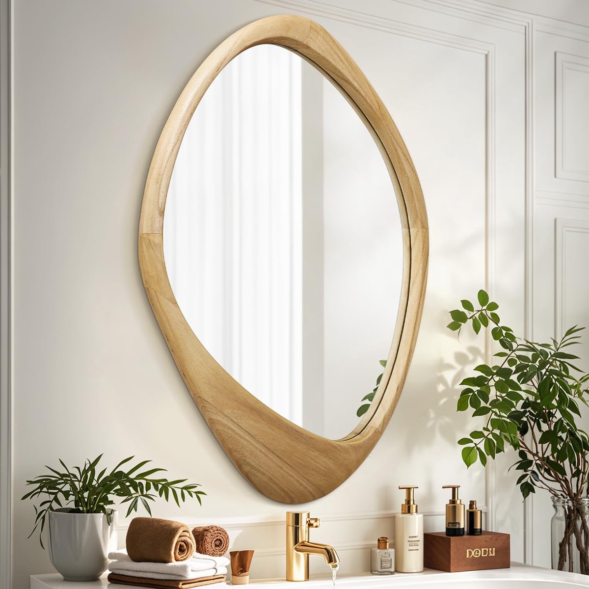 SnelShoppen - Grote Wandspiegel 60x40cm met Onregelmatige Houten Lijst - Decoratieve Asymmetrische Hangende Spiegel voor Badkamer, Slaapkamer, Woonkam