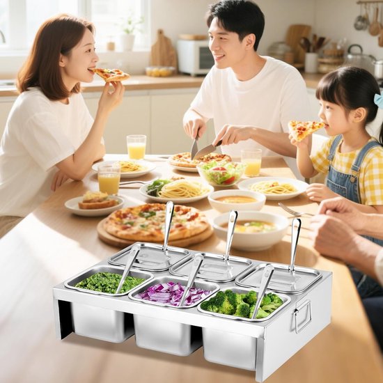 Pizza Topping Station - Toppings Organizer - Pizza Bereiden - Roestvrijstalen Containers - 6 Bakjes - Zilver — afbeelding 2