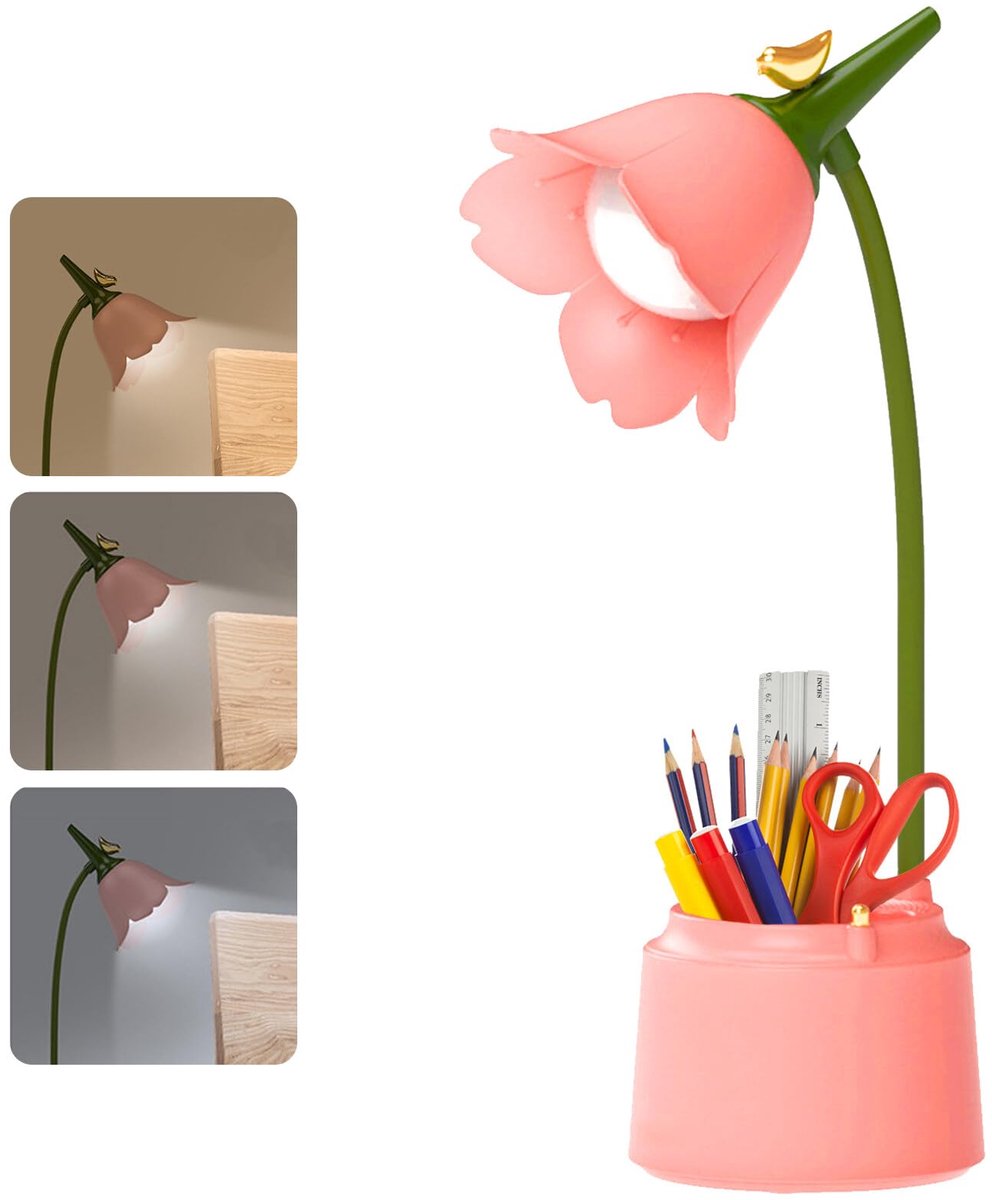 SnelShoppen - Dimbare LED Bureaulamp voor Kinderen - Roze Tafellamp met Aanraaksensor, Flexibele Arm, 3 Kleurtemperaturen, USB Oplaadbaar - Perfect vo