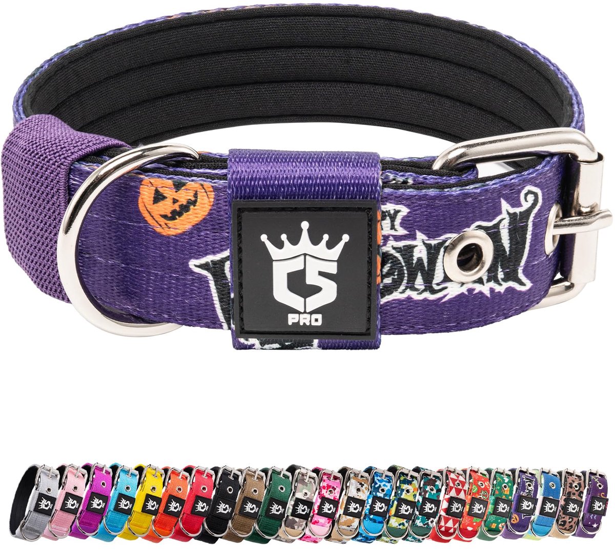 SnelShoppen - Tactische Hondenhalsband Dikke Metalen Gesp Verstelbaar Basishalsband voor Zware Honden, Geschikt voor Nek van 32-40 cm, Halloweenpaars