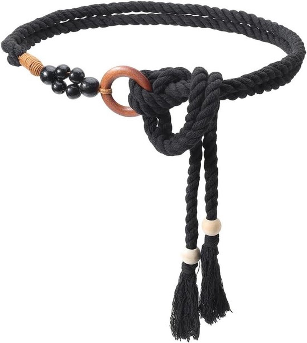 - Bohemian Riem - Boho Touw - Handgemaakt - Zwart - Vrouwenmode - Accessoire - Geschikt voor Alle Maten
