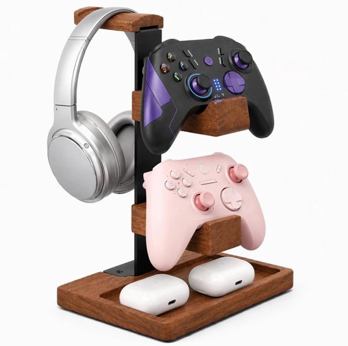 SnelShoppen - 3-in-1 Hoofdtelefoonhouder en Controllerhouder - Houten Stand voor Gaming Headset - Duurzaam Metalen Frame - Boombruin - Perfect voor Ga