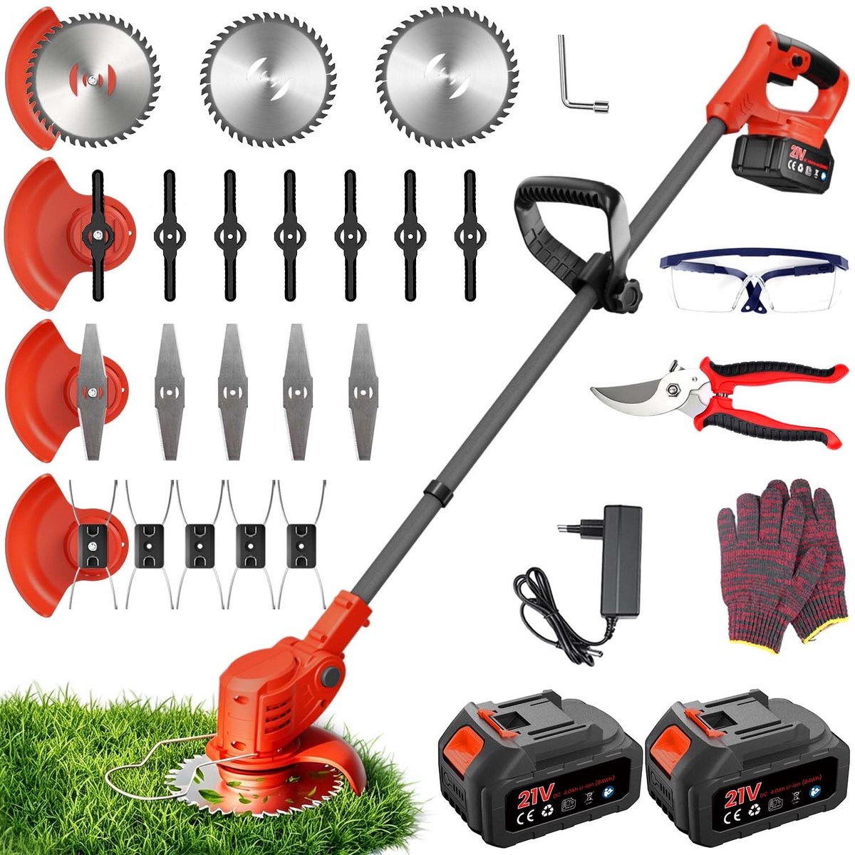 SnelShoppen - Draadloze elektrische bosmaaier 850 W, borstelloze accu-bosmaaier met 2x 4,0 Ah accu's, 4 messen, draadloze randtrimmer voor tuin en gaz