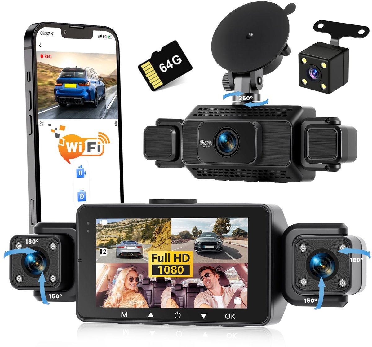 SnelShoppen - Dashcam Auto 4 Kanalen Voor/Achter 1080P Wifi Autocamera met 64 GB SD Kaart, 3 Inch IPS Display, Groothoek, IR Nachtzicht en G-Sensor