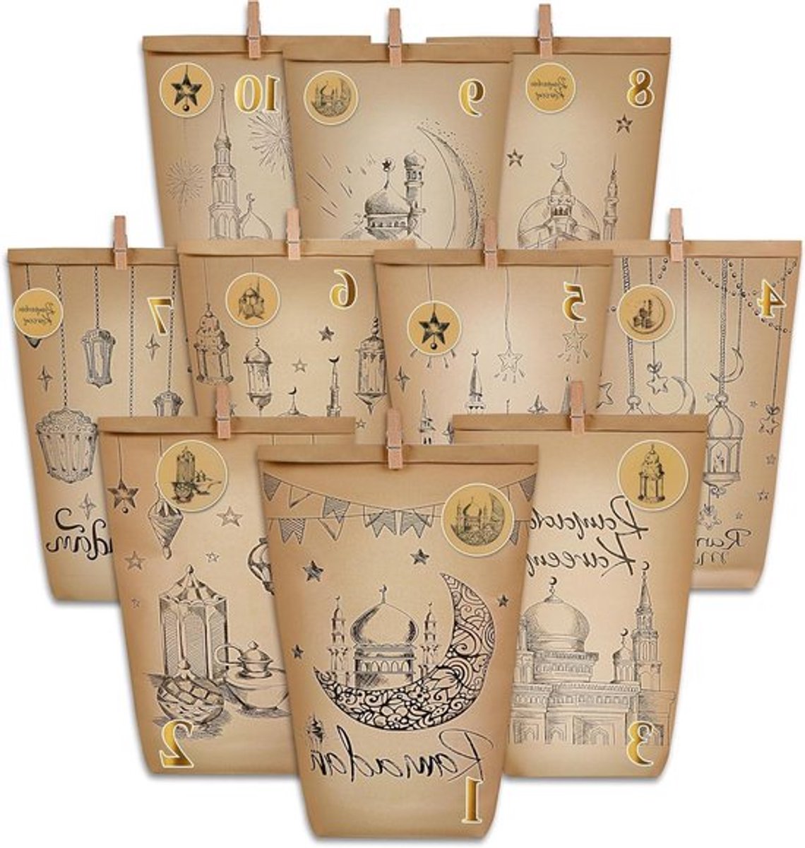 Ramadan Adventskalender voor kinderen | 30 stuks | Countdown | Geschenkzakken | Eid gunstzakjes met stickers, clips en touw | Ramadan decoraties