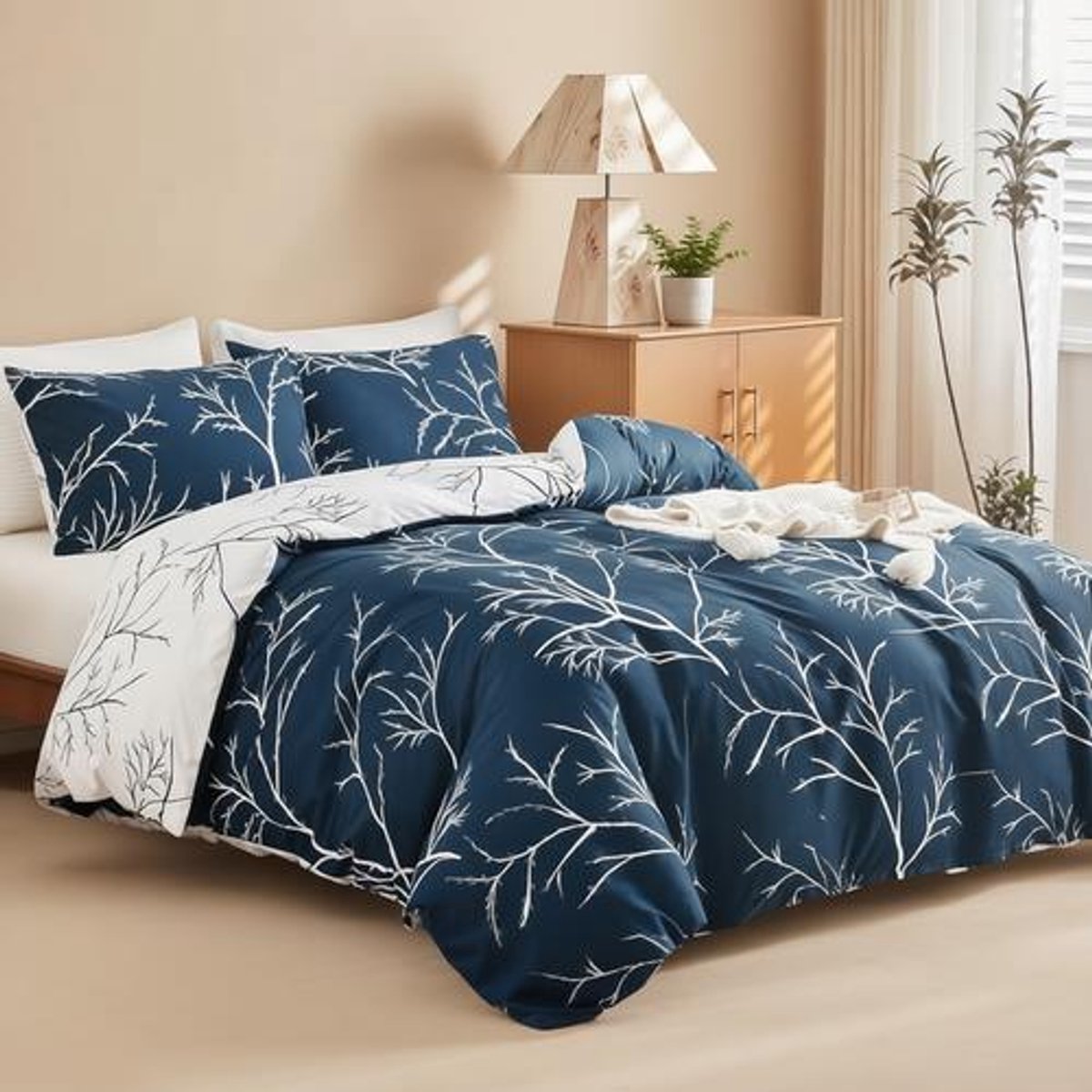 Arvion Dekbedovertrek 200 x 220 cm 3-delig - Microvezel met ritssluiting - Takpatroon Marineblauw - Inclusief 2 kussenslopen 80x80 cm