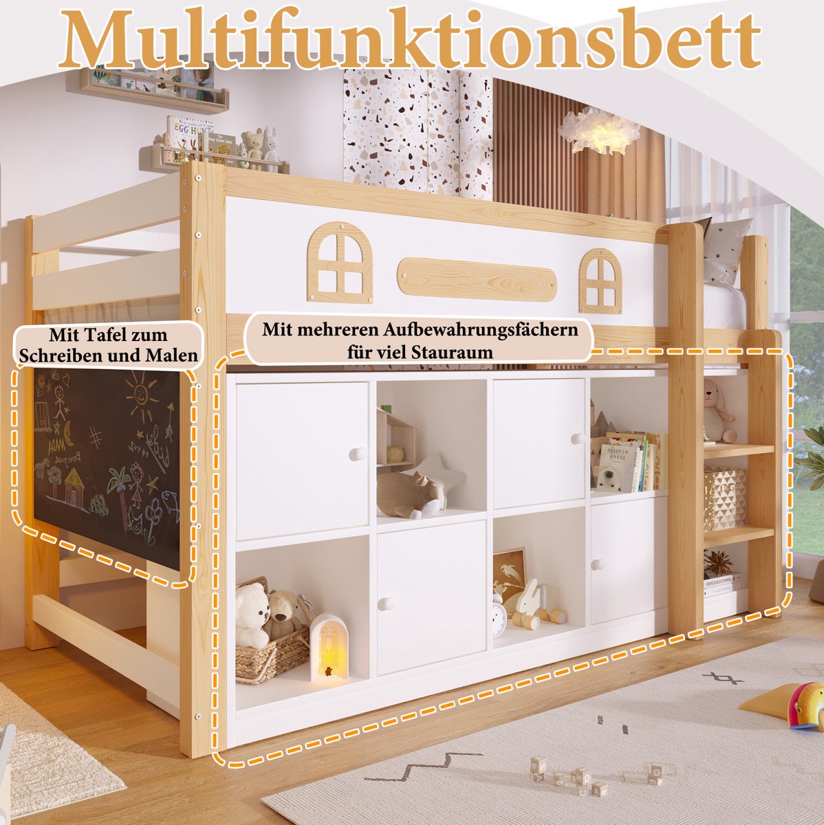 MODFU Halfhoogslaper-90 X 200 Cm-Krijtbord-Ladder-Wit-Natuur-Zonder Matras