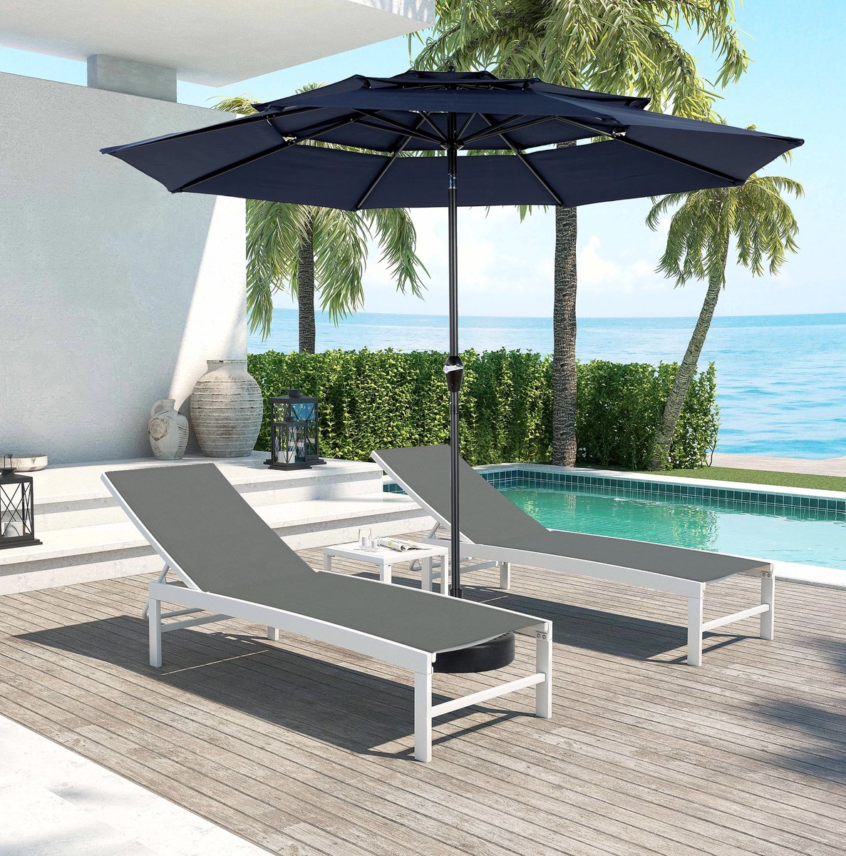 Parasol Kantelbaar 10FT Rond 294 cm Staal Marineblauw Met Zwengel 3 Laags Ventilatie Voor Tuin Terras Zwembad Strand