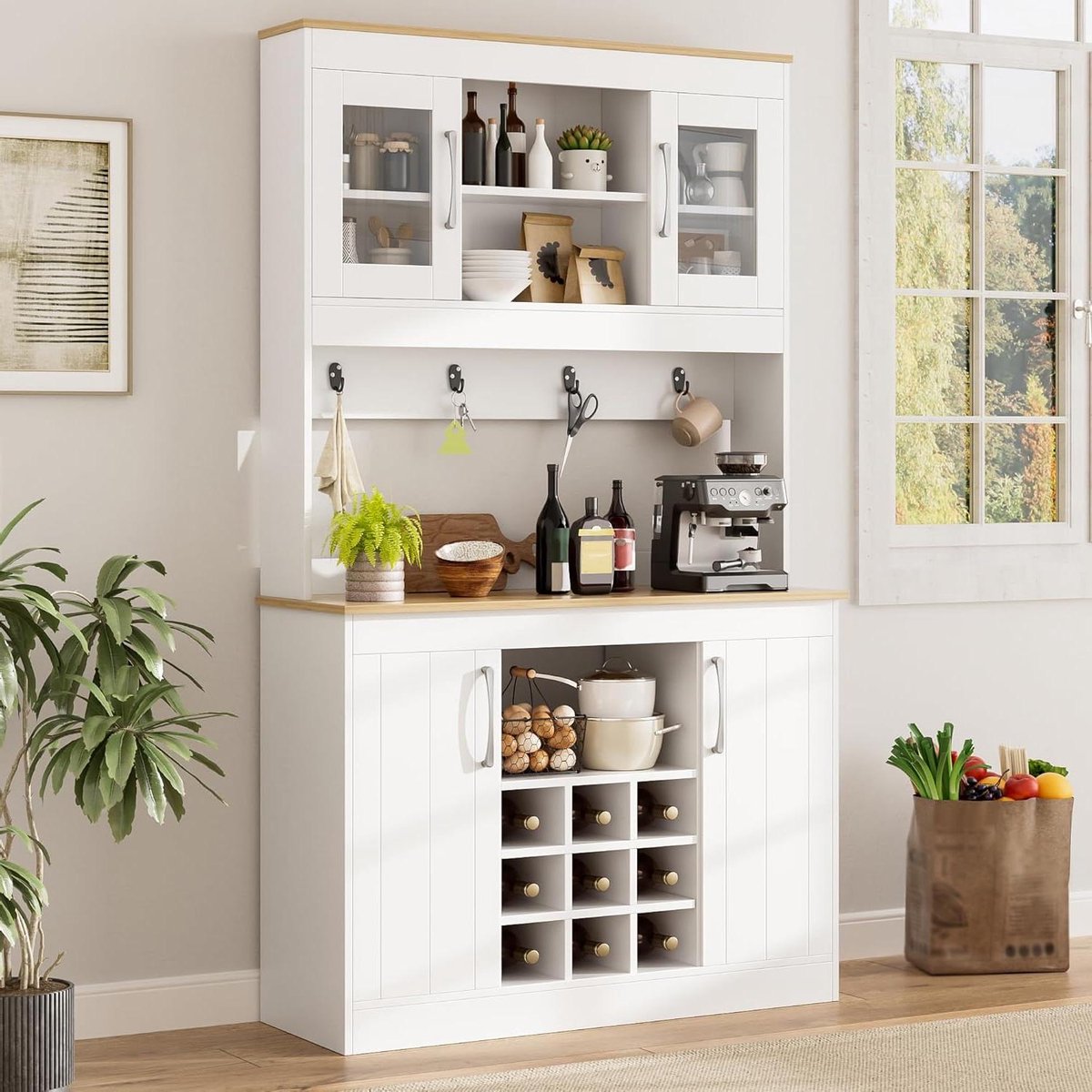 Keukenbuffet met Opzetstuk - Servieskast Buffetkast - Keuken Opbergen - Geïntegreerd Wijnrek - 175 cm Hoog - Wit Houtkleur