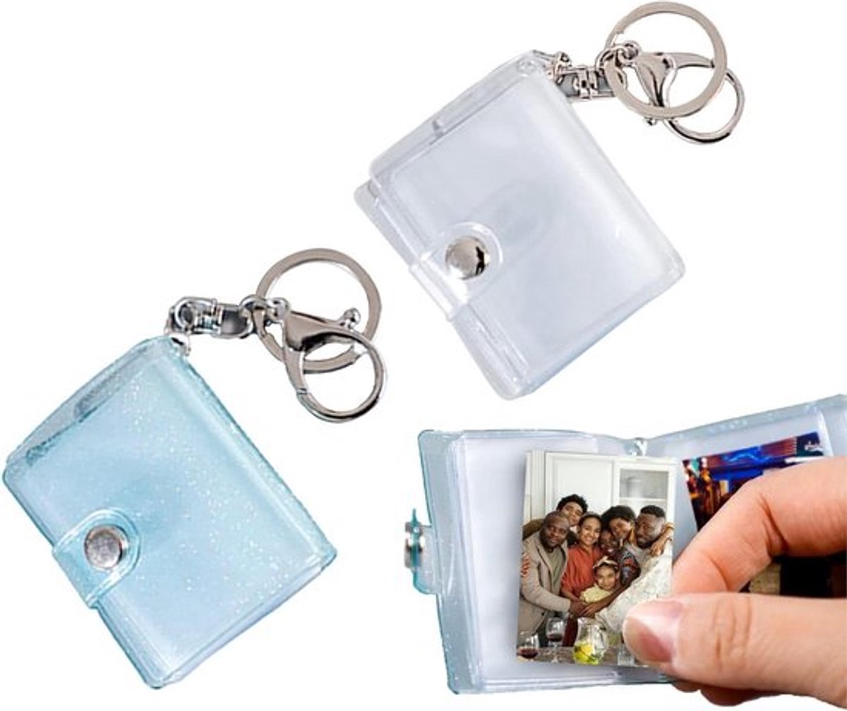 Draagbaar 2-Delig Mini-Fotoalbum met Karabijnsluiting - 32 Vakken - Personaliseerbaar - Voor 5 cm Foto's - Blauw en Wit - Fotobewaring met Sleutelring