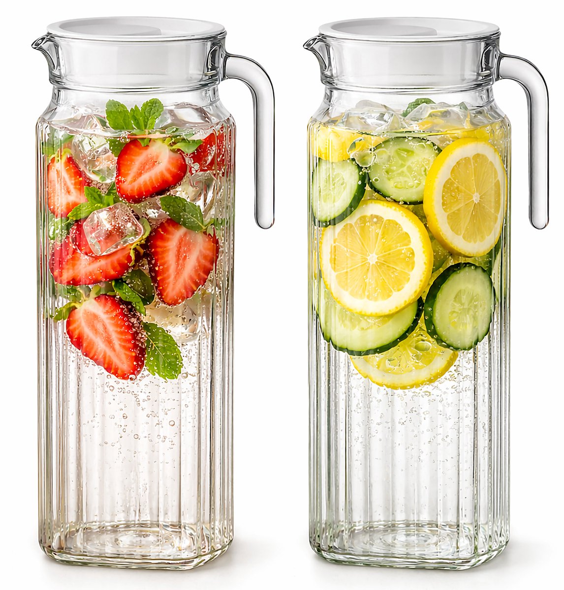 2 Stuk glazen waterkannen (1 liter) met deksel – geschikt voor koelkast, ideaal voor dagelijks gebruik en feestjes