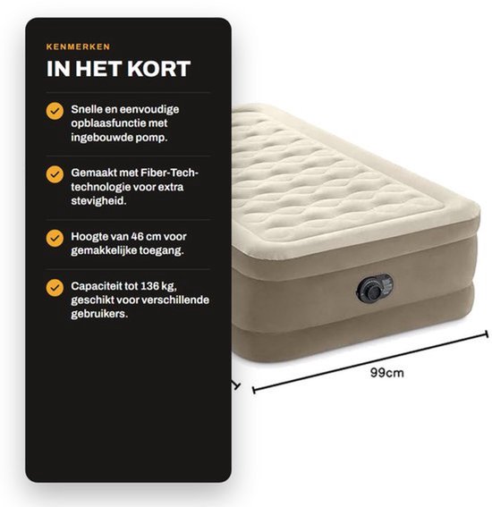 Luchtbed 1 persoons - opblaasbaar logeerbed met ingebouwde pomp, extra hoog comfort, PVC, 99x191x46 cm — afbeelding 2
