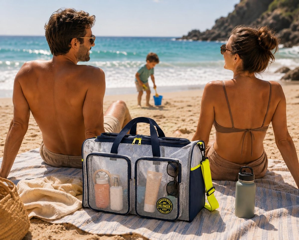 SnelShoppen - XXL Familie Strandtas Ocean Lime - Transparante Strandtas voor Strand, Camping en Dagje Uit - Ruime Shopper Tas voor Kinderen en Volwass