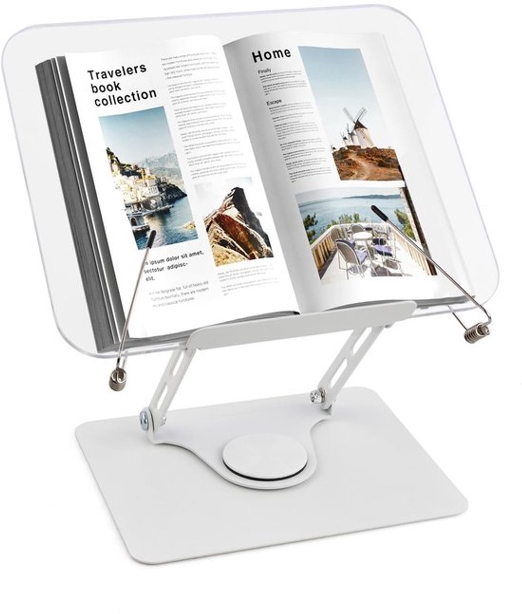 Boekenstandaard, boekenstandaard van acryl met 360° draaibare basis en elastische clips, 4,4-39 cm, verstelbaar, bureau-boekenhouder, inklapbaar, voor recepten en tablets, notities