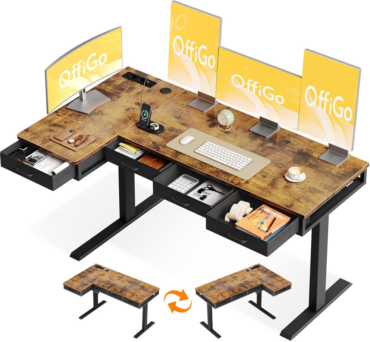 SnelShoppen - Hoogte Verstelbaar Bureau 160x80cm Elektrisch Hoekbureau met 4 Laden, L-vormig Staand Bureau met Stopcontact, Bruin voor Kantoor, Studie