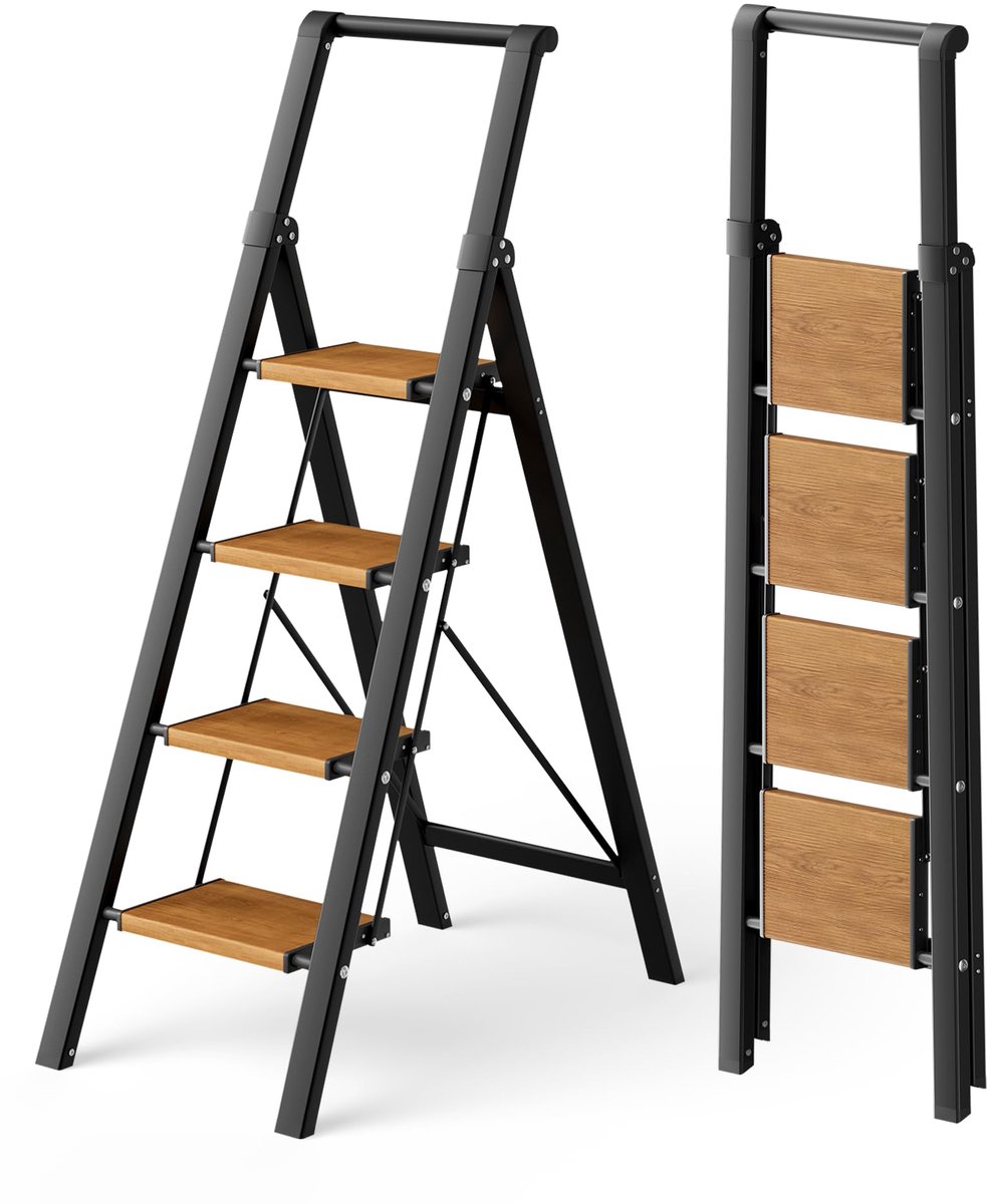 SnelShoppen - Inklapbare Trapladder 4 Treden met Leuning - Aluminium Opstapkruk 150 kg Capaciteit - Antislip Pedaal - Draagbaar en Compact - Zwart voo