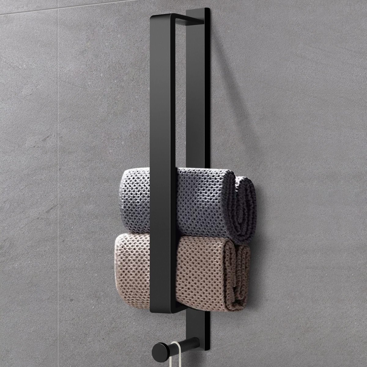 SnelShoppen - Handdoekstang Zonder Boren, Zelfklevend Roestvrij Staal Mat Zwart 43.5cm met Haak voor Badkamer en Keuken, Handdoekenhouder, Gastengreep
