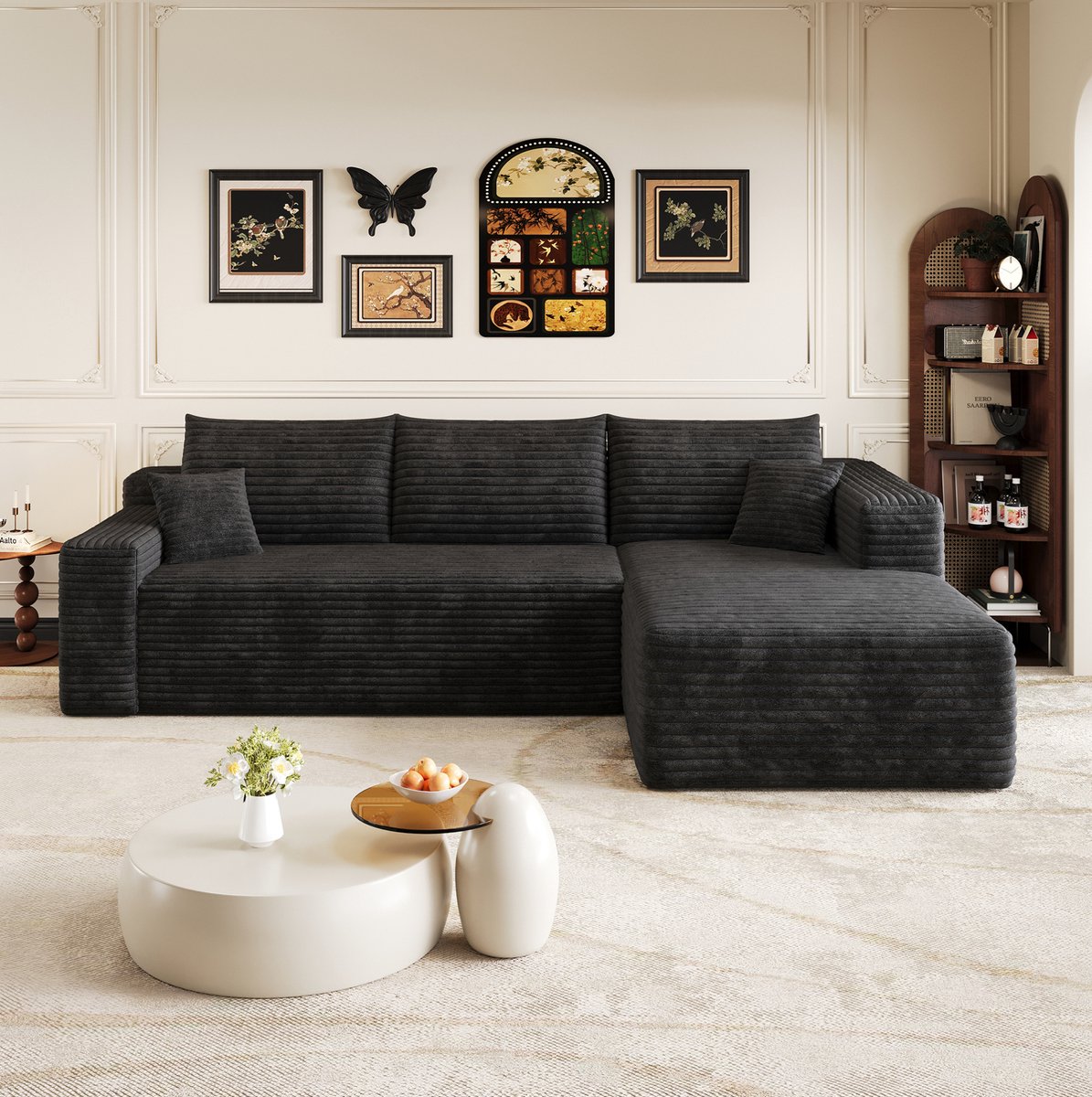 COVREO Hoekbank 241 cm - zwart corduroy, 3-zits, zonder montage
