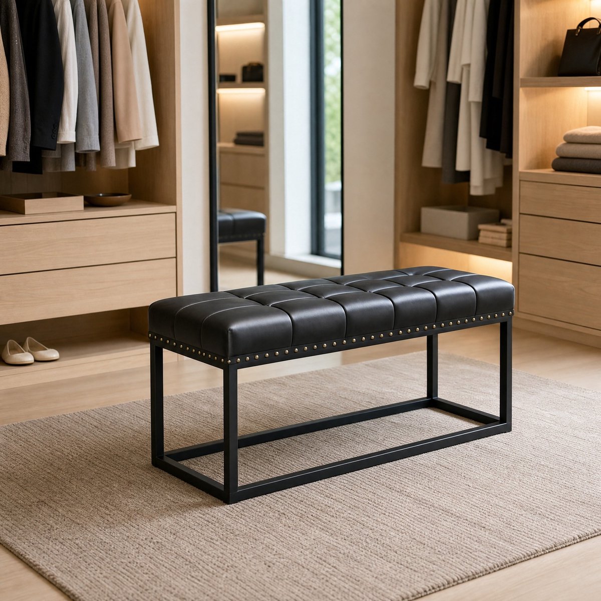HAUSS SPOLE Hocker – 90 x 46 x 52 cm – Retro Gestoffeerd Zitbankje – Kunstleer En Metaal – Zwart – Voor Hal, Slaapkamer En Woonkamer