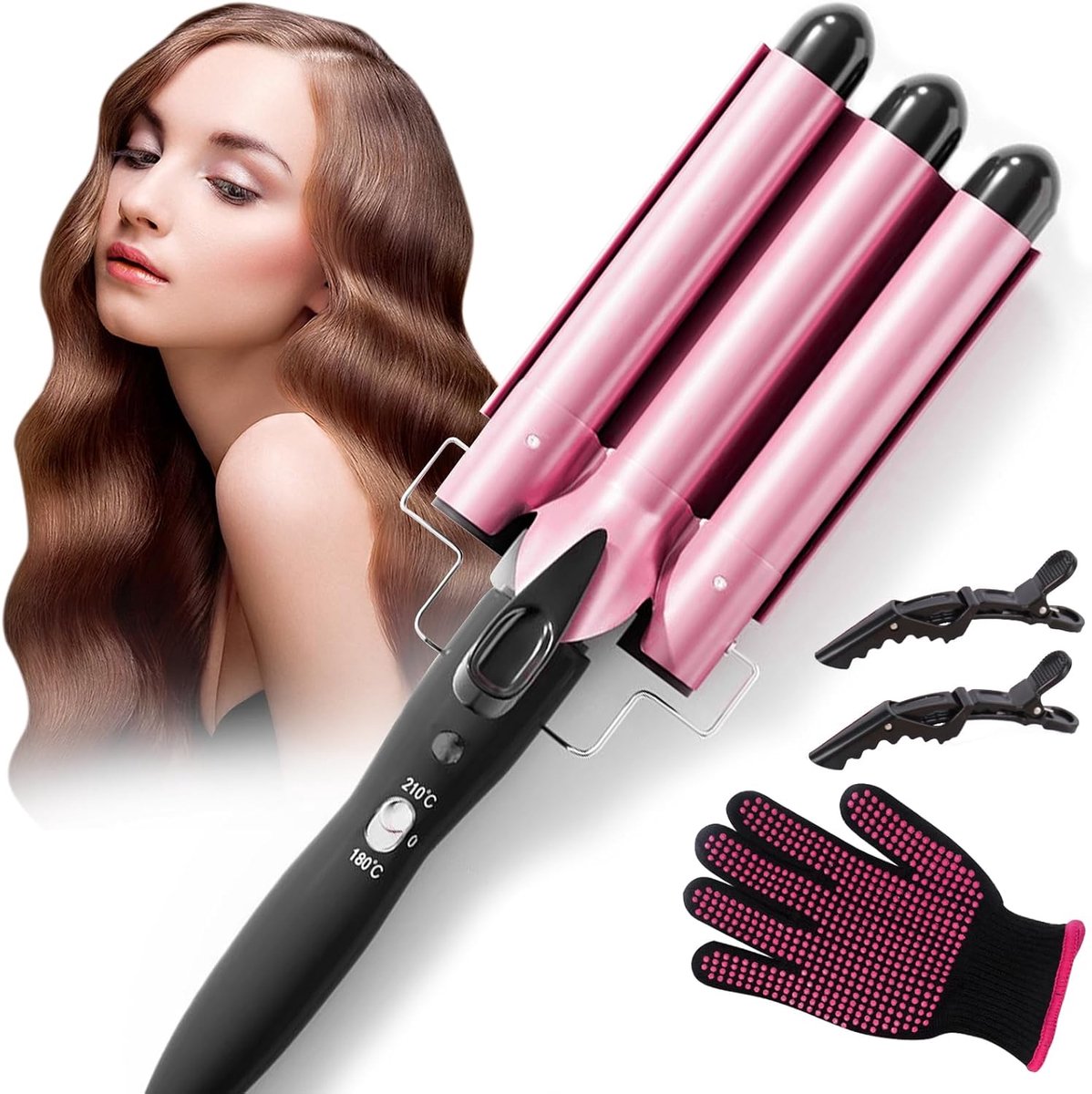 SnelShoppen - Krultang 22 mm - Keramische Krultang met 3 Opzetstukken - Voor Golvend en Krullend Haar - Roze - Perfect voor Feestjes en Dagelijks Gebr