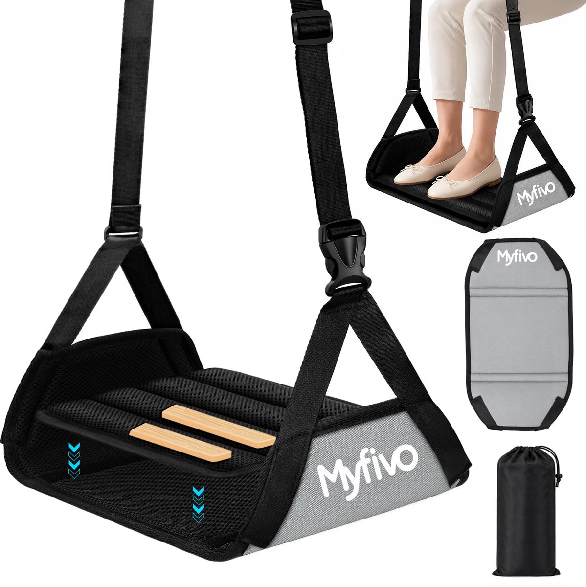 SnelShoppen - Myfivo Voetsteun Vliegtuig, Draagbare Verstelbare Reisvoethangmat met Geheugenschuim en Bamboe Steunplank, Antislip, Ademend voor Vliegt