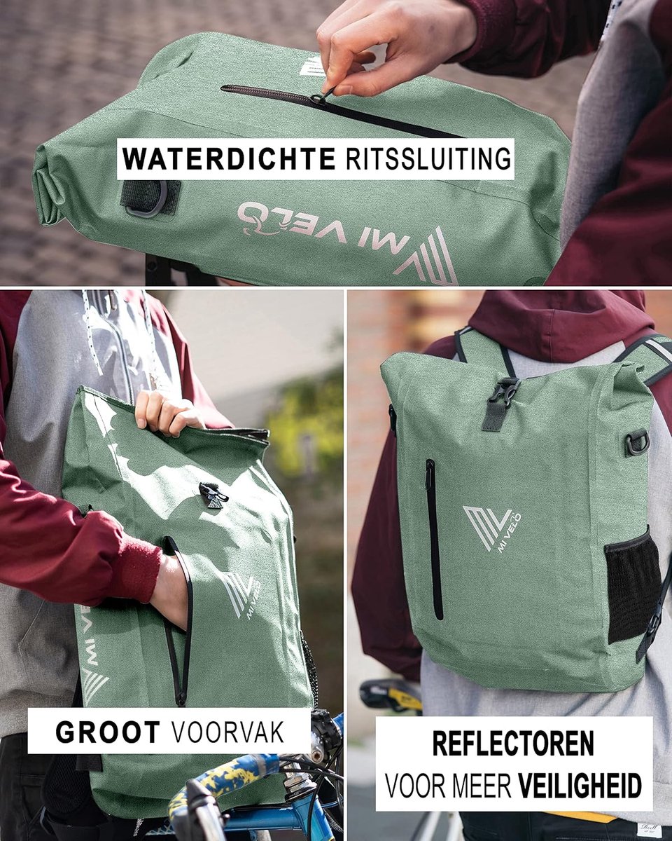 SnelShoppen - 3-in-1 Fietstas Rugzak Schoudertas Waterdicht 20L Mint - 100% PVC-vrij met Laptopvak voor Fietsbagagedrager - Ideaal voor Fietstochten,