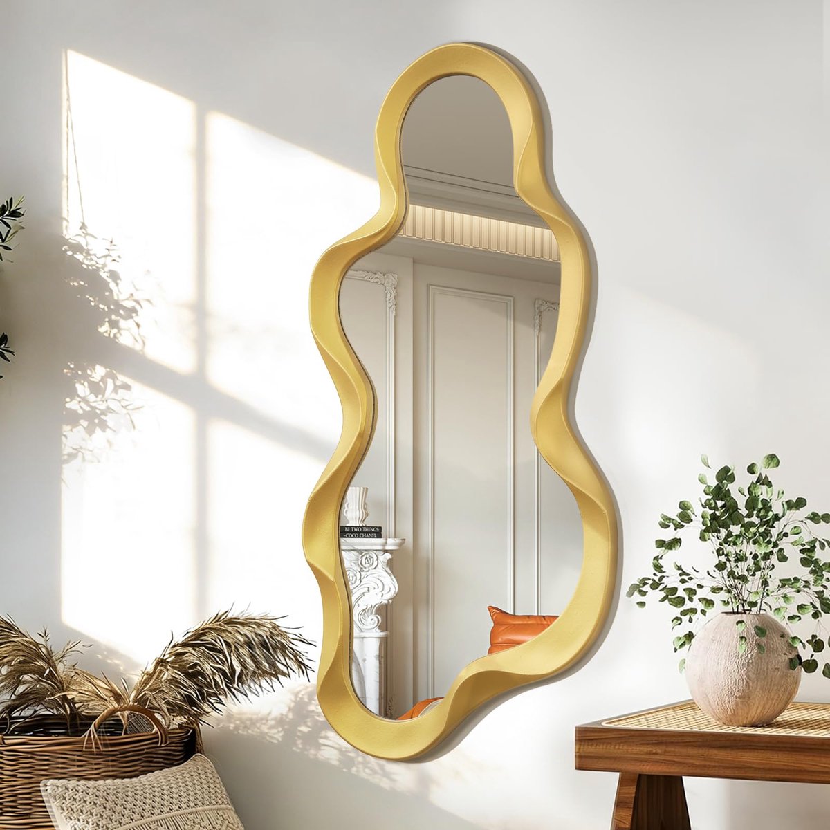 SnelShoppen - Grote Asymmetrische Spiegel Houten Frame 76x36cm - Moderne Unieke Wandspiegel Decor voor Badkamer, Slaapkamer, Woonkamer, Hal