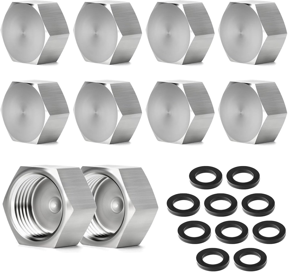 Dailygoods- Blindstoppen 10 Stuks - Roestvrij Stalen Dop - Zeskant met Rubberen Afdichtingen - G3/4 Inch Binnendraad - Afsluitdop - Waterleidingstop