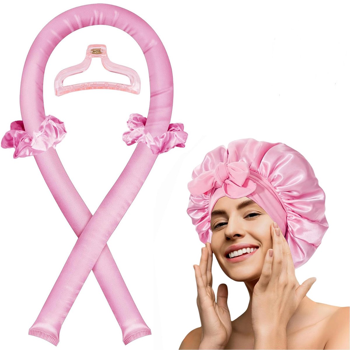 Dailygoods - 5 Stuks Roze Haar Kruller Set - Warmtevrije Nacht Krullers met Zijde Hoofddoek