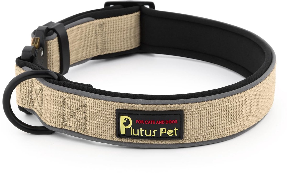 SnelShoppen - Tactische hondenhalsband Reflecterend Verstelbaar Zacht Gevoerd voor Kleine Middelgrote Grote Honden Beige XS - Comfortabel en Zwaar Bel