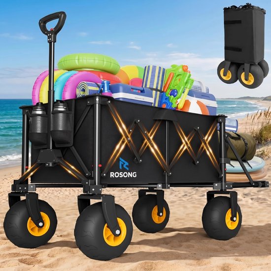 SnelShoppen - Opvouwbare Bolderwagen Strand, Inklapbare Transportwagen met Brede Banden, Zwart, Perfect voor Camping, Tuin en Familie-uitjes van Snelshoppen — afbeelding 2