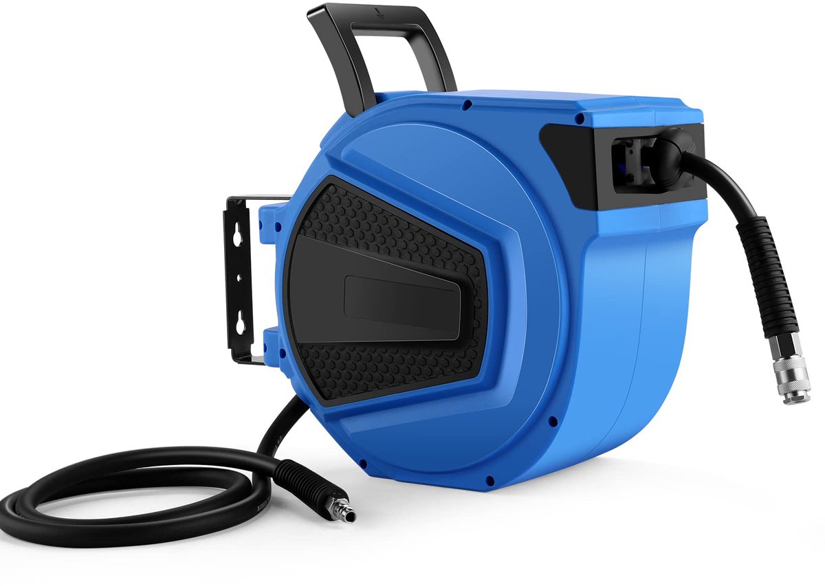 SnelShoppen - Persluchtslanghaspel 15 m, 1/4 inch aansluiting, Hybride Slangtrommel, Wandslanghaspel 180°, Automatisch Intrekken, Max. 20 Bar, Blauw