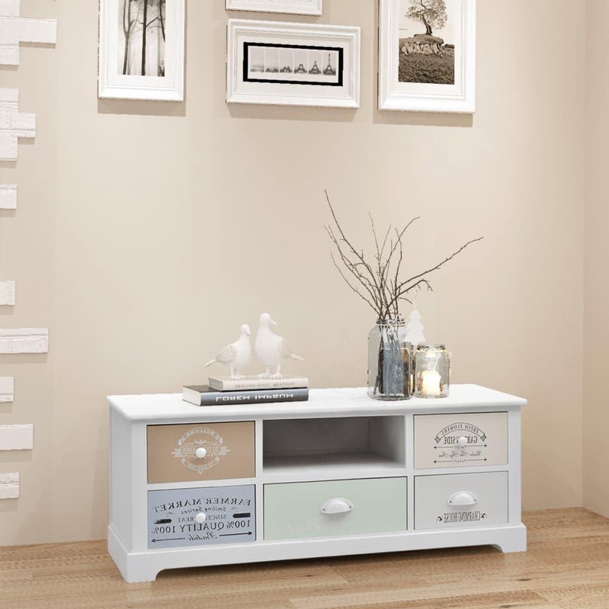 Houten TV-kast - Dressoir Commode - Woonkamer Opbergen - Franse Landhuisstijl - 100 x 35 x 40 cm - Wit