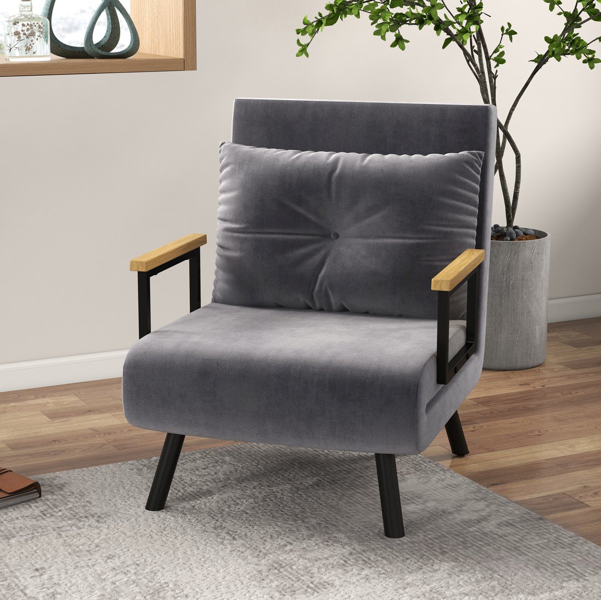 OKWISH Fauteuil Bedfunctie 63 x 73 x 81 Cm - Verstelbare Rugleuning Tot 180 Graden - Voor Woonkamer En Kleine Ruimtes - Stof - Donkergrijs