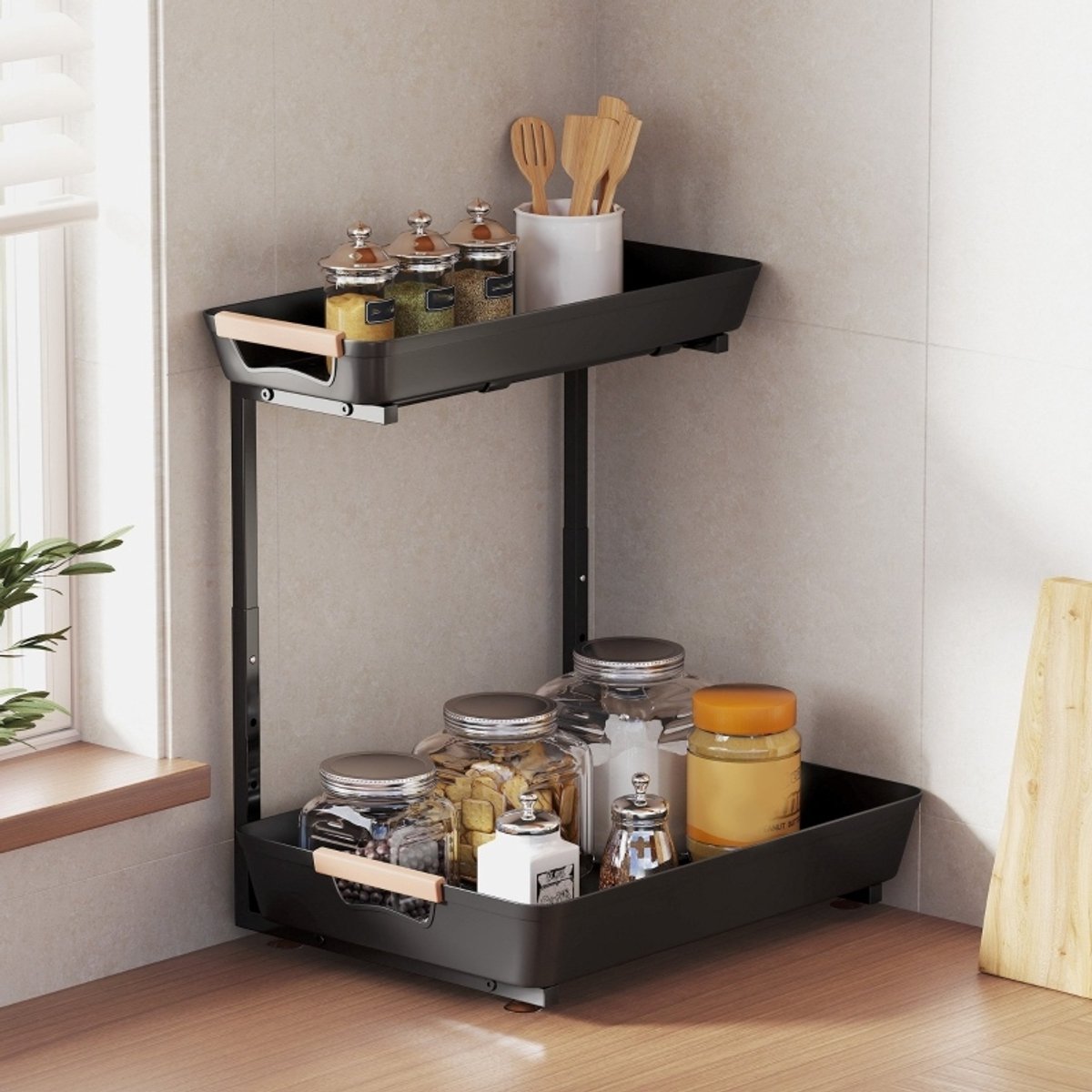 HAUSS SPOLE Keukenrek – Verstelbaar 40 x 30 x 33,5-42 cm – Metaal En Kunststof – Zwart – 2 Lagen Opbergrek Voor Keuken Of Koffiehoek