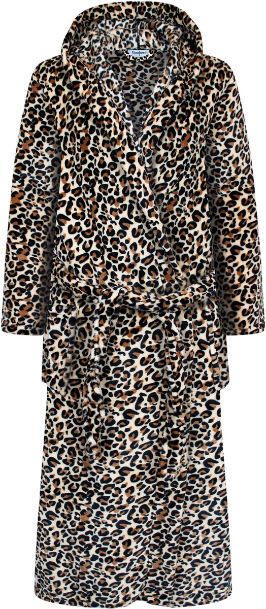 Unisex Badjas Extra Lang met Capuchon en Ceintuur - Ochtendjas - Superzacht Coral Fleece - Heren Dames - Panterprint Zwart - Maat S/M - 8211-Beige