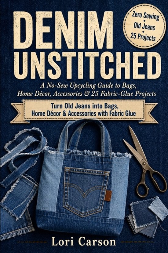 Boek 'Denim Unstitched' met op de voorkant een patchwork spijkerbroek tas, oude spijkerbroeken en een schaar.